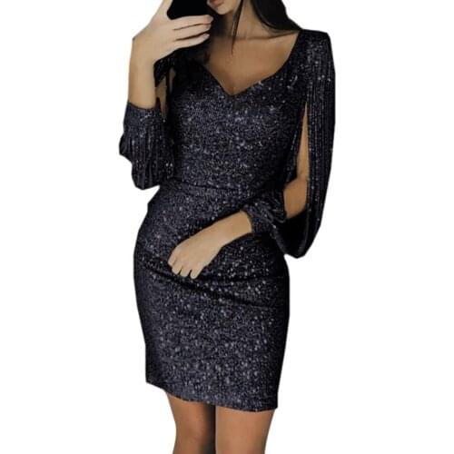 Elegant Holiday Casual Party Beach Dress Women Sexy Solid Sequined Stitching Shining Club Sheath Long Sleeved Mini Dress