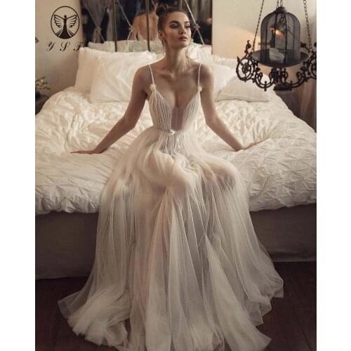 2020 New Arrival Spaghetti Strap Pleated Sleeveless Flooe Length Fariy Wedding Dresses