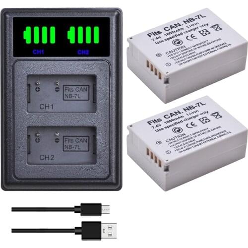 2Pcs NB-7L NB 7L NB7L 1800mAh Batteries + LED USB Dual Charger with Type C Port for Canon PowerShot G10 G11 G12 SX30IS