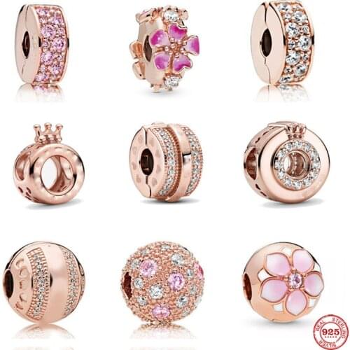 ROSE GOLD white pink flower safety bead clip diy Charm fit Original Pandora charm silver 925 Bracelet trinket jewelry for women