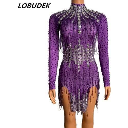 Big Rhinestones Purple Tassel High Neck Short Dress Women Birthday Prom Celebration Crystals Dresses Latin Dance Fringe Costume