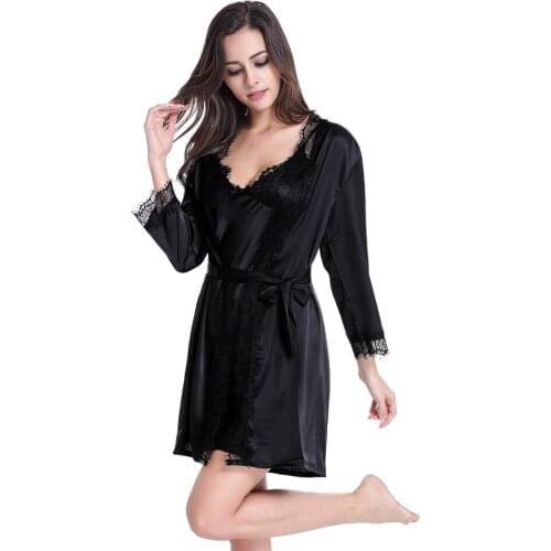 Brand Women Lace Pajama Set Strap Sleepwear Robes Twinset Nightwear Black Free Shipping Full Sleeve Satin Silk Nightwear