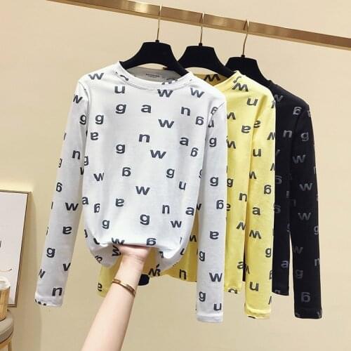 Letter printing Cotton Women Tee shirt 2020 female long-sleeve Autumn Winter T-shirts Slim Elasticity O-Neck White Yellow Tops