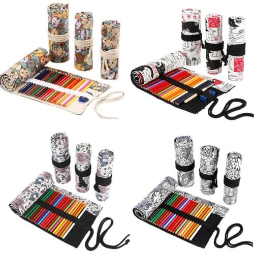 Kawaii Cat Black School Pencil Case Roll 12/24/36/48/72/108 Holes Pencilcase Canvas Pen Case Bag for Girls Boy Stationery Pouch