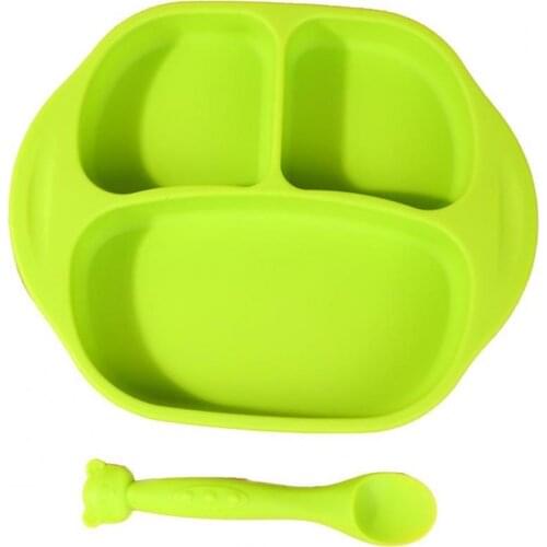 2Pcs/Set Children Tableware Cartoon Shape Non-slip Bottom Food Grade Silicone Feeding Dish Spoon Set Home Use