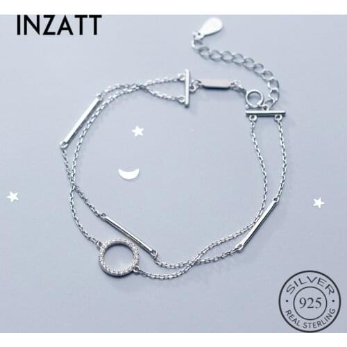 INZATT Real 925 Sterling Silver Geometric Zircon Round Double chain Bracelet For Charming Women Stick Trendy Fine Jewelry 2019