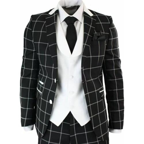 Ensembles Homme Black Plaid Jacket With Pants Slim Fit Ivory Vest 3 Pieces Groom Wear Blazers Custom Made Mariage Prom Party