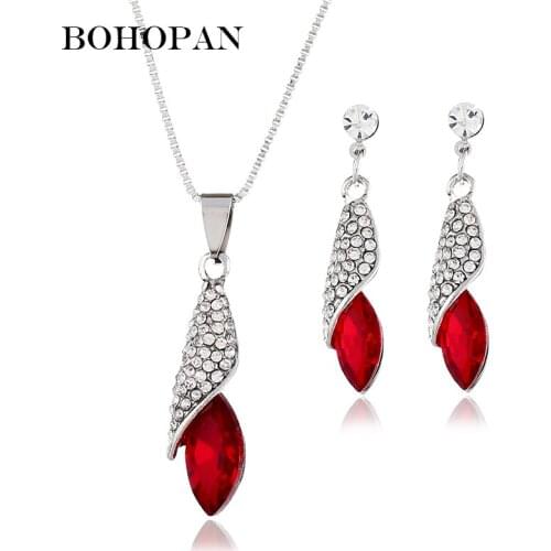 Red Gem Jewelry Set Women Water Drop Stone Silver Metal Fashion Simple Necklace&Earrings Wedding Bijoux boucle d'oreille 2018