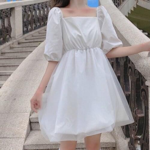 Lolita super fairy sweet Sen is thin French tutu dress puff sleeve square collar white fairy dress summer