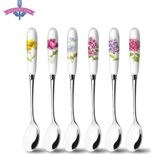 6PCS Coffee Spoon Dessert Spoon Sugar Tea Ice Cream Ceramic Handle Stainless Steel Mirror Polish Small Tableware Scoop