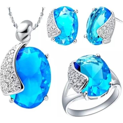 Fashion Women Jewelry Set Natural Blue Crystal Necklace Earrings Ring For Women Wedding Christmas Gift Vintage Jewelry