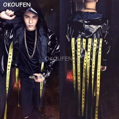 Man Fashion Leather Jacket stage costumes Nightclub bar Male Singer DJ Paint satin Leather outwear party show hip-hop dance wear