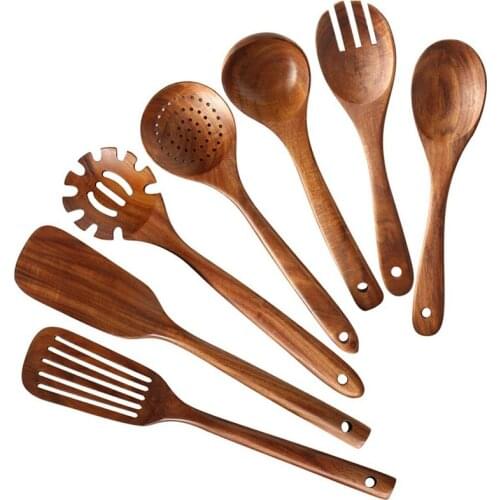 HOT-Wooden Kitchen Utensils Set,Wooden Spoons for Cooking Natural Teak Wood Kitchen Spatula Set for Including 7 Pack