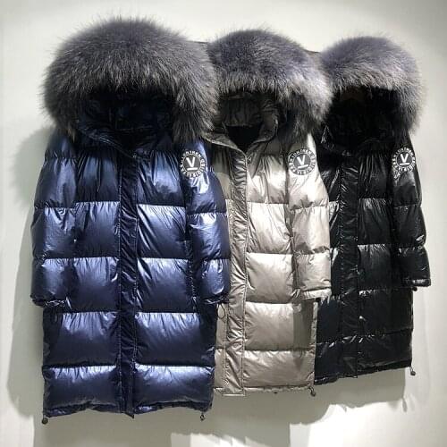 2019 New Middle Long White Duck Down Jacket Womens Loose Hooded Parkas Real Big Fur Collar Waterproof Womens Warm Coat Winter