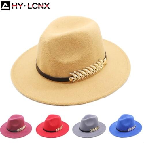 Autumn Winter New Leaf Metal Buckle Decoration Fashion Jazz Hat Men Women Outdoor Leisure Travel Big Brim Solid Color Top Hat