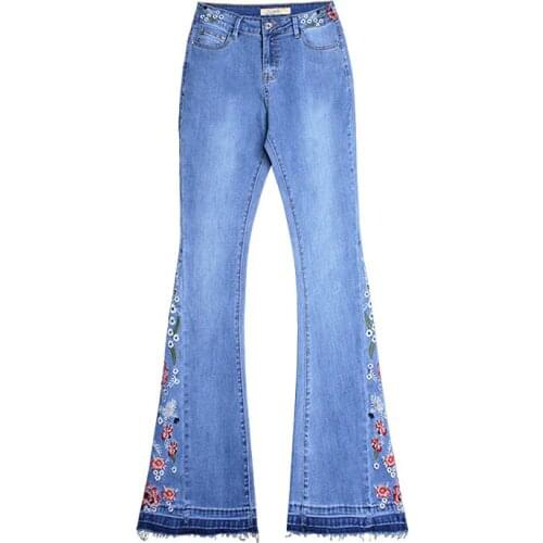 Autumn Women Jeans Embroidery Blue Denim Elastic Long Flare Pants Mid Waist Fashion Spring Slim Skinny Female Trousers C3070