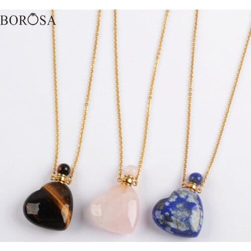 BOROSA Heart Shape Gems Stones Essential Oil Bottle Necklace Natural Pink Quartz Lapis Perfume Bottle Necklace Charm WX1616