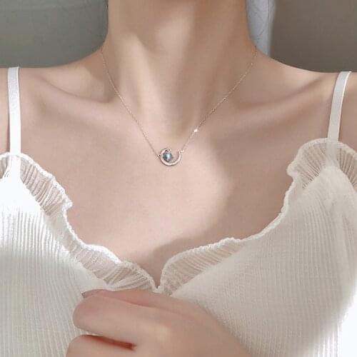 Moon Star Silver Color Necklace Blue Planet Simple Sparkling Clavicle Chain Woman Wedding Jewelry Party Birthday Gift