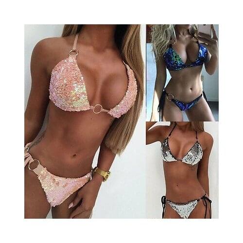 Sexy Women Brazilian Sequins Bandage Swimsuit Bikini Set Pink Green Silver Push Up monokini Low Waist Bathing Beachwear Swimwear
