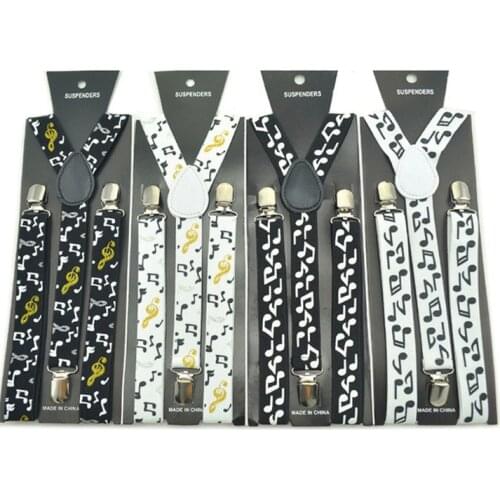 Winfox Vintage Black White Mens Trouser Suspenders Male Women 2.5cm Wide Music Note Print Braces Elastic Suspenders Suspensori