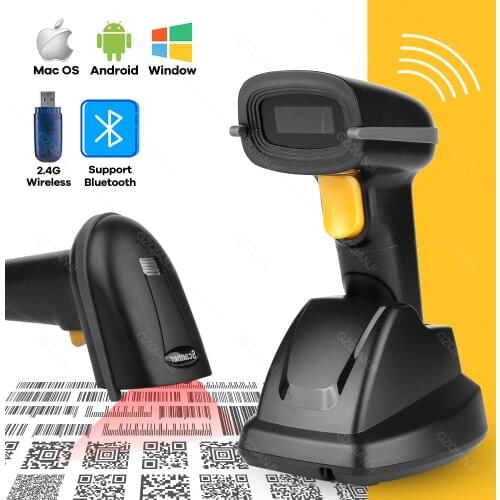 Handheld Barcode QR 2d 1D Code Scanner Bluetooth Portatil Wireless Barcode Reader USB Built-in battery Base Use For Windows Mac