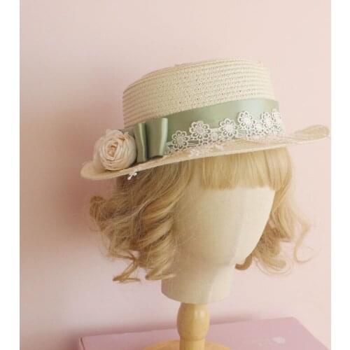 Sweet Lolita Girl Handmade Straw Hat Flat Hat Casual Sun Hat Bows Trim Elegant Girl Cute Multi Colors