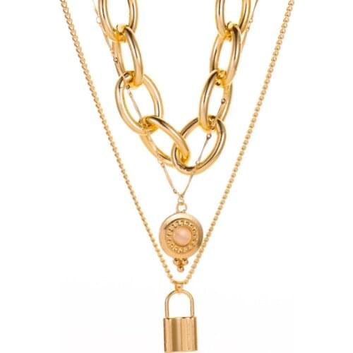 Three Layers Lock Punk Alloy Pendant Necklace Golden White Vintage Opal Choker Necklace Thick Chain Womens Neck Chain