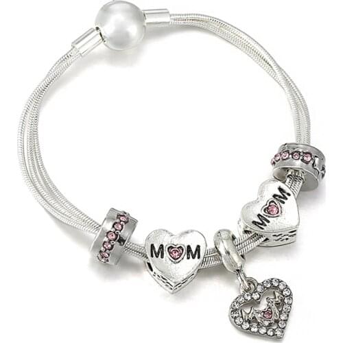 High Quality Mothers Day Series Multi-layer Charm Bracelet DIY Crystal Heart Beads Fit Silver Plated Jewelry Gift For Women
