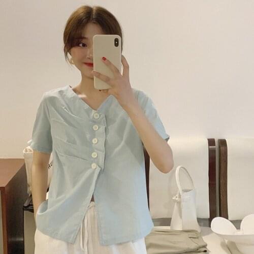 2020 Korean Chic Gentle Retro Thin V-neck Pleated Irregular Single-breasted Solid Color Loose Casual Short-sleeved Shirt Female