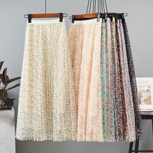 2021 Ladies Lace Printed Bust Pleated Skirt With Large Swing Mid-length Elegant High Waist Fashion Mesh Retro Ladies Clothing