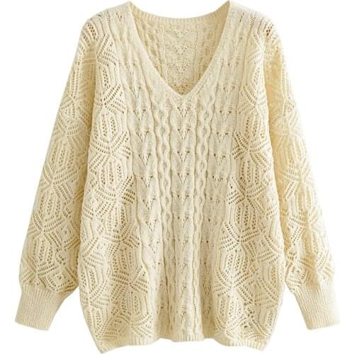 ZXQJ Women 2021 Fashion Hollow Out Loose Knitted Sweater Vintage V Neck Long Sleeve Female Pullovers Chic Tops