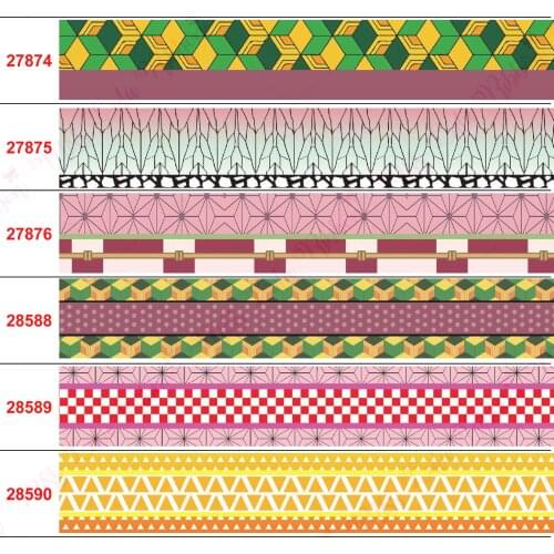 16mm-75mm Japanese Cartoon Series 6 Geometric Print Grosgrain/Elastic Ribbon Lattice Cosplay Hair Accessories 50 Yards Wholesale