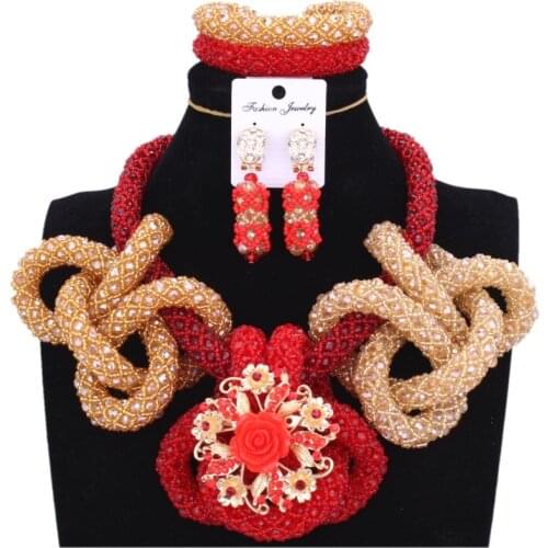 2018 Newest African Beads Necklace Nigerians Red & Gold Dubai Jewelry Sets For Women Wedding Jewelry Sets For Brides Free Ship