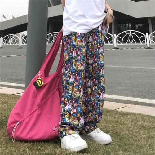 Harajuku Wide Leg Pants Women Summer Autumn Cartoon Graffiti Printing Cargo Pants Unisex High Waist Sweatpants Baggy Pants