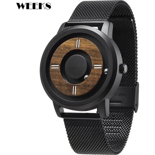 Eutour Wood Metal Watches Wooden Dial Mens Casual Quartz Watch Simple Minimalist Style Magnetic Ball Men Band Strap Wristwatches