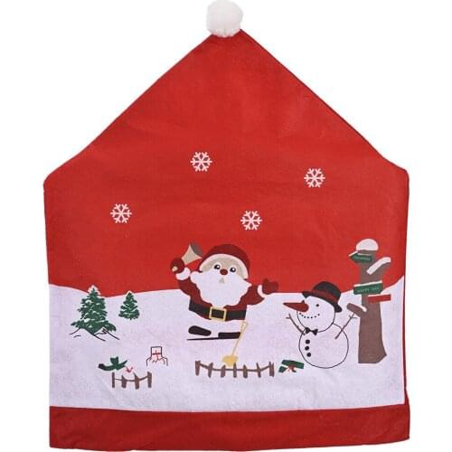 Christmas Chair Cover Classic Santa Claus Snowman Print Dining Chair Cap with Pom Pom Beautiful Home Decor
