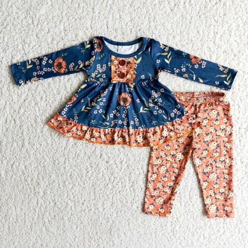 Toddler Designs Fashion Outfits Girl Flowers Top Match Pants Set Kids Ruffle And Button Winter Clothes
