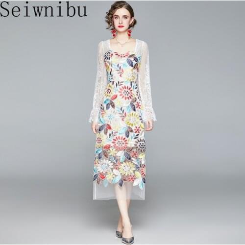 Seiwnibu Designer Runway Autumn Long Dress Women Square Collar Flare Sleeve Multicolor Embroidery Lace vintage Dress Vestidos