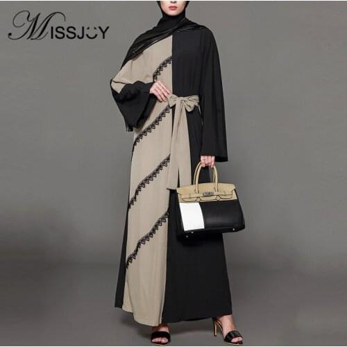 MISSJOY Hit Color patchwork long dress Middle Eastern Arab Muslim robe Full sleeve O-Neck Casual Crochet Floral lace Abayas 2020