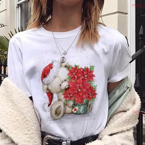 FIXSYS Cute Bear Merry Christmas T Shirt Women Fashion Harajuku Short Sleeve T-shirt Female White Suitable All Seasons Tops