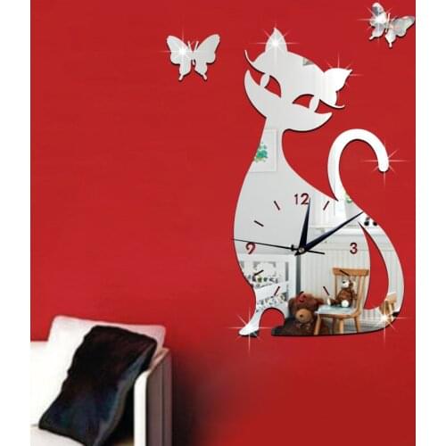 GZ003 cute black cat mirror wall clock bedroom living room mute wall clock cartoon wall sticker clock