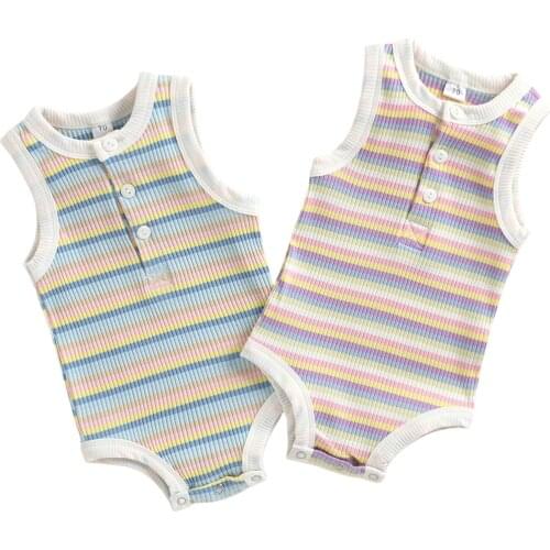 New Baby Girls Sleeveless Romper, Infant Summer Autumn Creative Colorful Horizontal Stripes Round Collar Jumpsuit