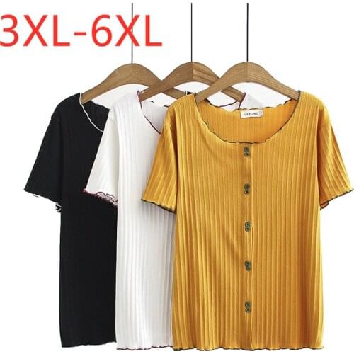 New Ladies Summer Plus Size Knit Tops For Women Large Short Sleeve Slim Yellow Elastic Button O-neck T-Shirt 3XL 4XL 5XL 6XL