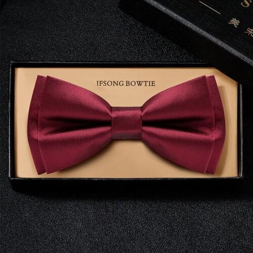 2021 Brand New Top Quality Wine Red Bowtie For Men Groom Wedding Party Butterfly Bow Tie Polyester Silk Two Layer Gift Box Black