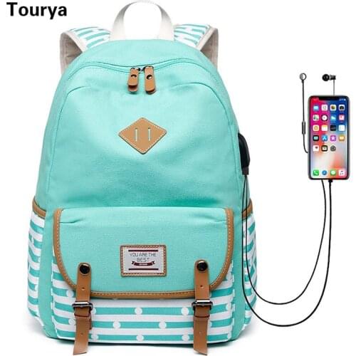 Tourya Fashion Women Striped Canvas Backpack USB Charging School Bags Laptop Rucksack Bookbag For Teenagers Girls Travel Mochila