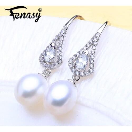 FENASY 925 Sterling Silver Drop Earrings Natural Pearl Earrings For Women White Stones Wedding Engagement Jewelry