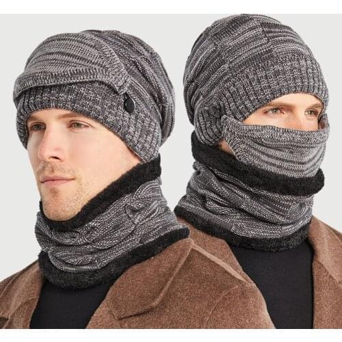 K122 Three-piece Hat, Scarf, Mask, Mens Autumn And Winter All-Match Warm Wool Knitted Hat Plus Velvet Thickening Cycling
