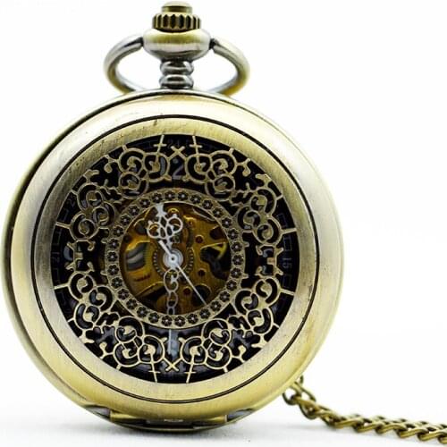 Vintage Hand-wind Mechanical Pocket Watch Bronze Flower Hollow Necklace Pendant Women Mens Gifts relojes