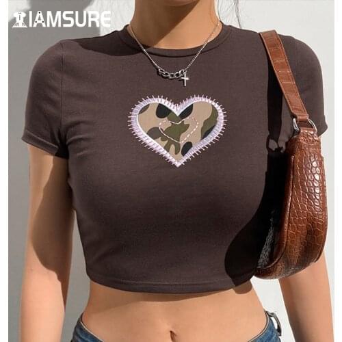 IAMSURE Heart Shape Embroidery T-Shirt Femme Slim Short Sleeve O-Neck Crop Top Cute Casual Streetwear Summer 2021 Y2K Aesthetic
