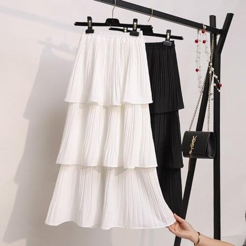 Women Cake Skirt 2019 New Sweet Fresh Solid Color Layers Frill Pleated Skirt Female High Waist Long Chiffon Skirt White G153